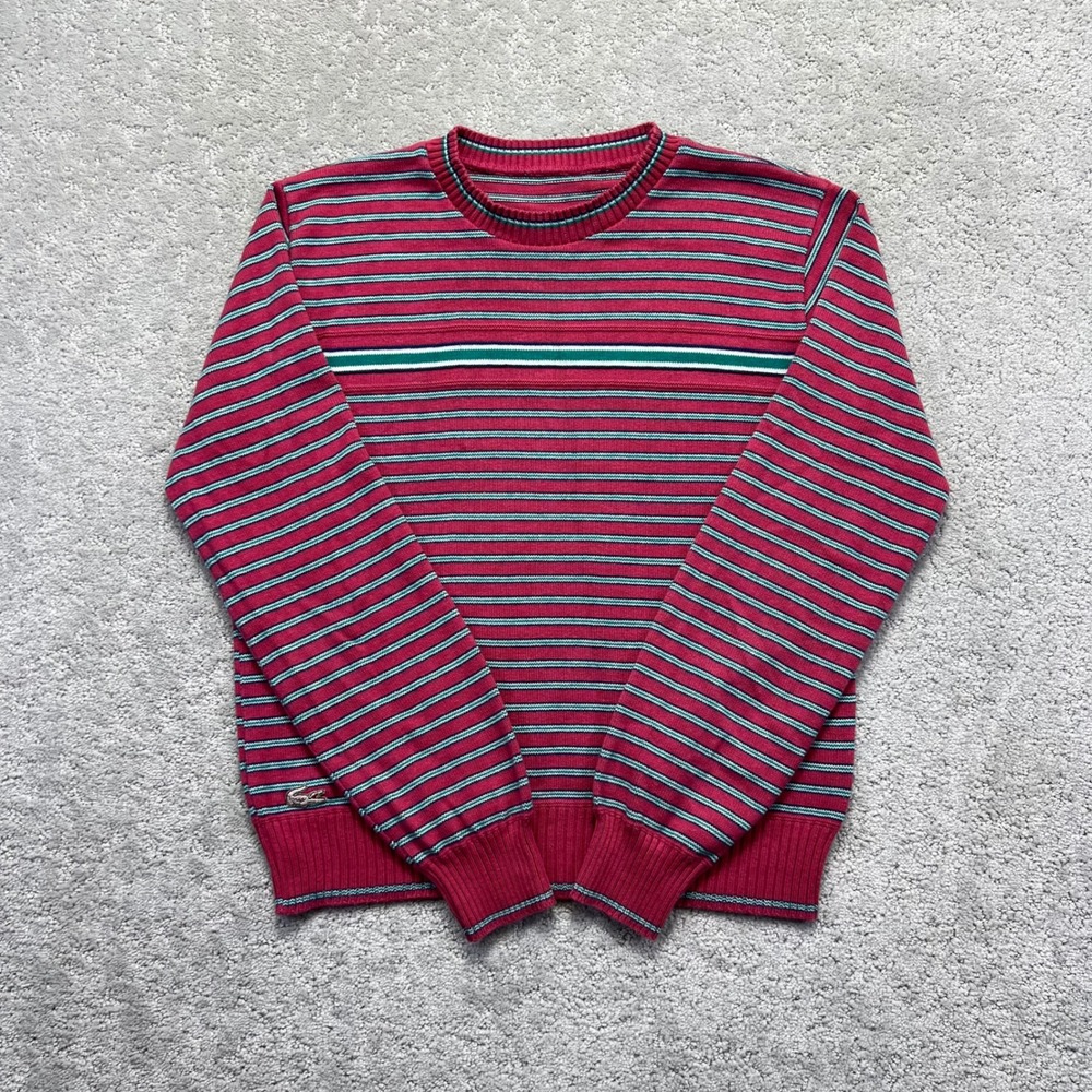 VINTAGE Lacoste‎ Sweater Womens Medium? Pink Striped Cotton Knit Crewneck Preppy